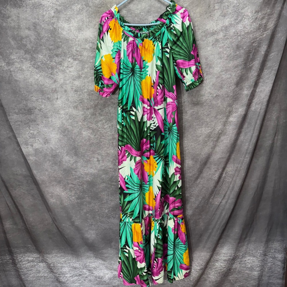 Hilo Hattie Off The Shoulder Hawaiian Floral Maxi Dress Size M Tropical Green